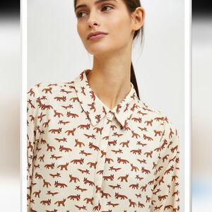 Compania Fantastica Button-Up Fox Print Blouse in Cream and Brown